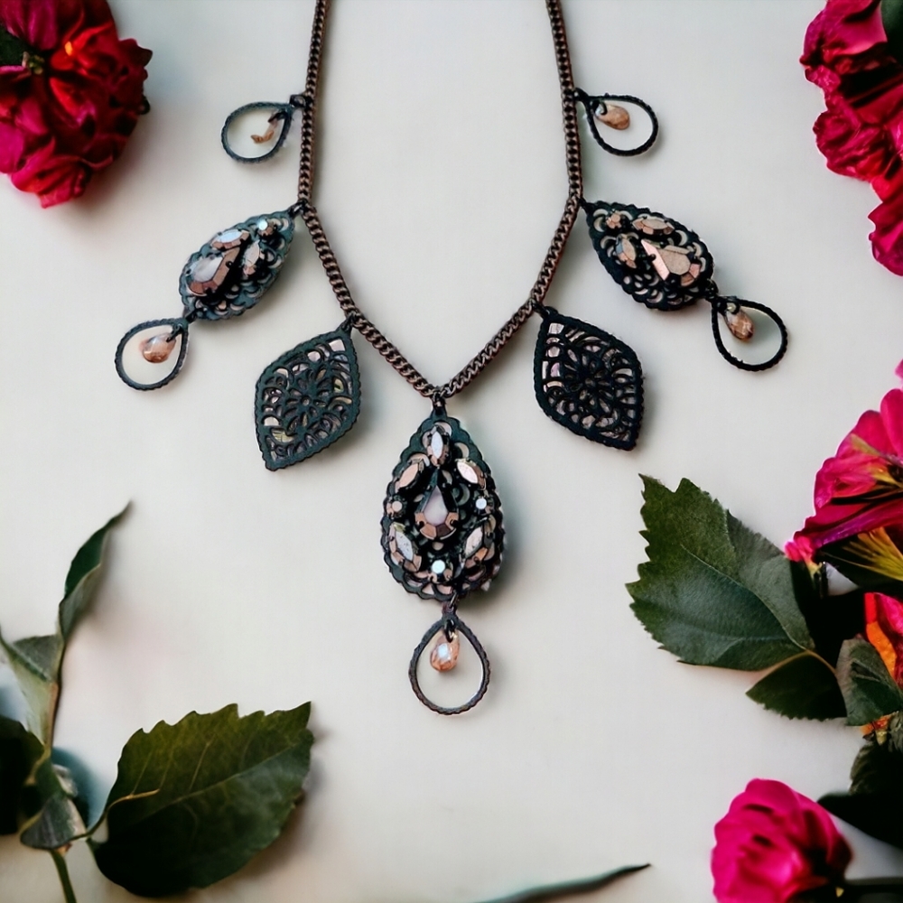 Vintage Avon Black Matte Filigree and Faceted Crystal Necklace